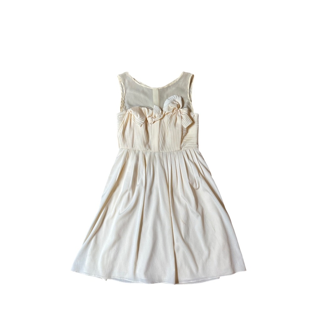 Hitherto Fit &‎ Flare Dress Cream Pleated Bow Silk Trim Vintage Style SIZE 2